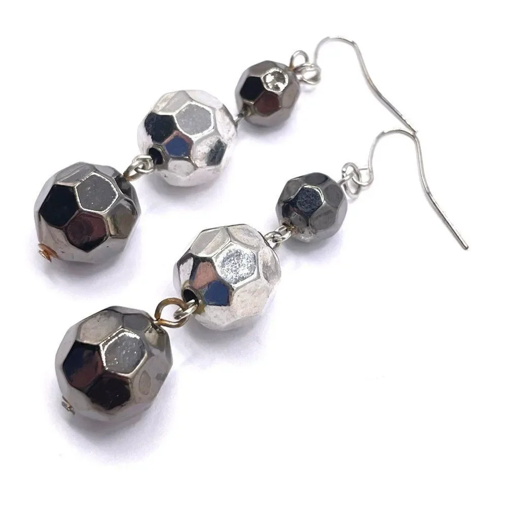 Silver and Gun Metal Black Round Faceted Beaded Dangling Drop Hook Earrings